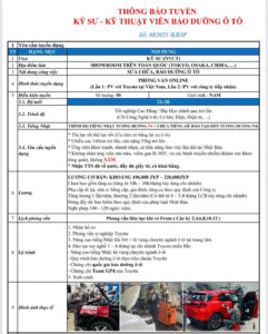 Kỹ sư, kỹ thuật viên bảo dưỡng ô tô - Showroom TOYOTA trên toàn Nhật Bản