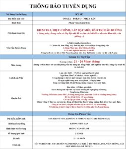 Kỹ sư hiệu chỉnh, kiểm tra, lắp đặt mới, bảo trì bảo dưỡng - Osaka, Tokyo